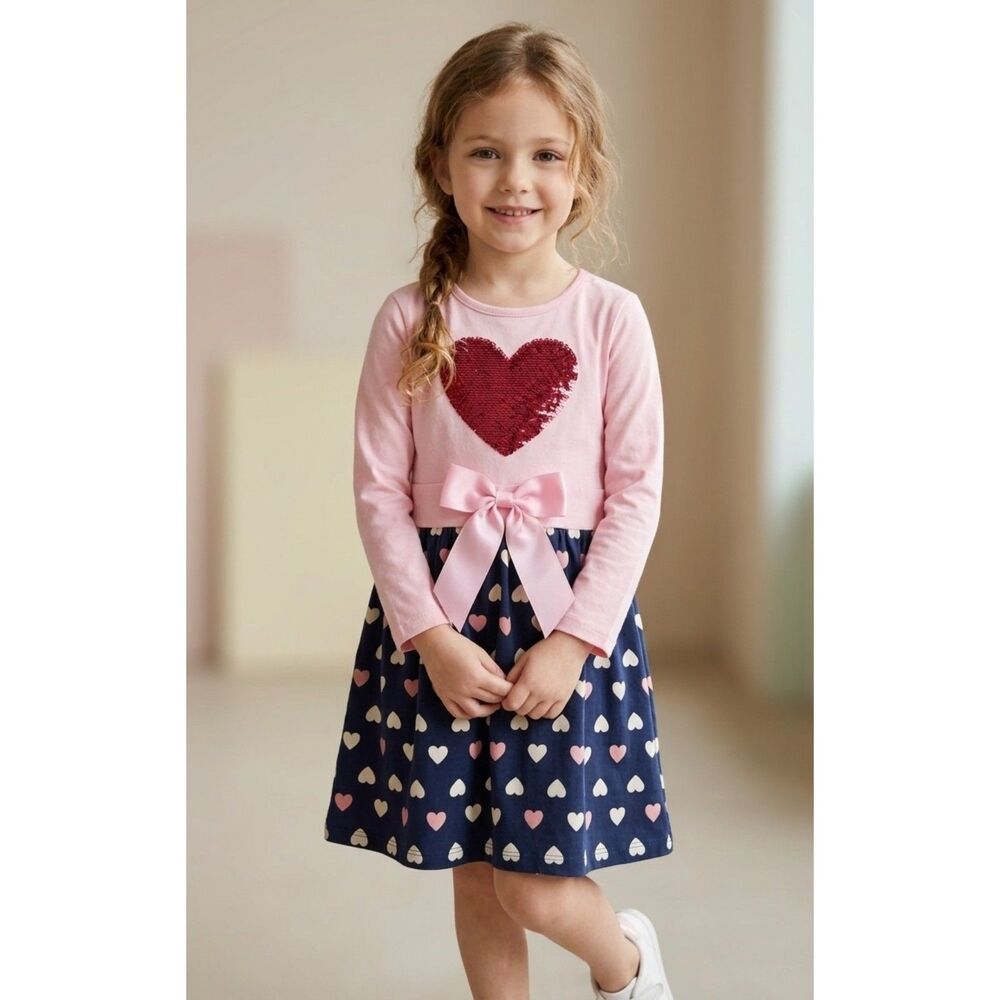 Vikita Girls Long Sleeve Sequin Heart Dress Pink Navy Valentine's